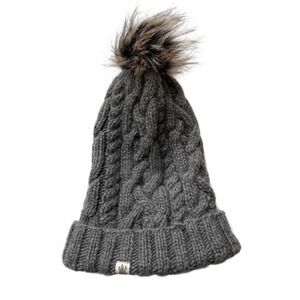 Nirvanna Gray Merino Wool Hand Knit Cable Knit Beanie Hat with Faux Fur‎ Pom Pom